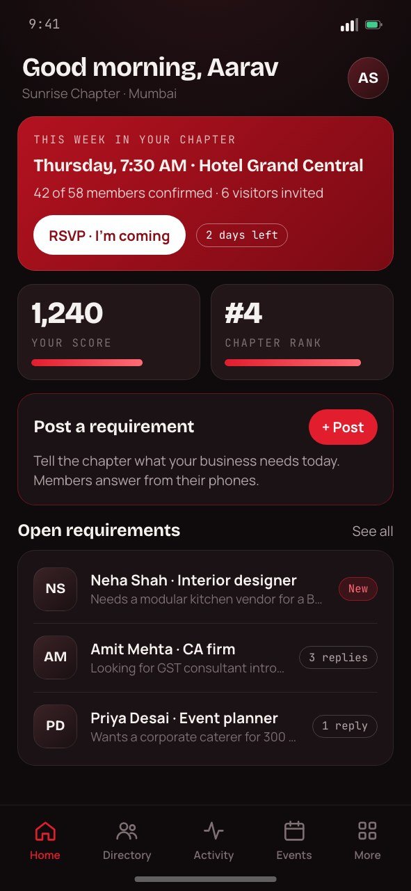 Connection AI home screen: post a requirement, this week in your chapter, open requirements