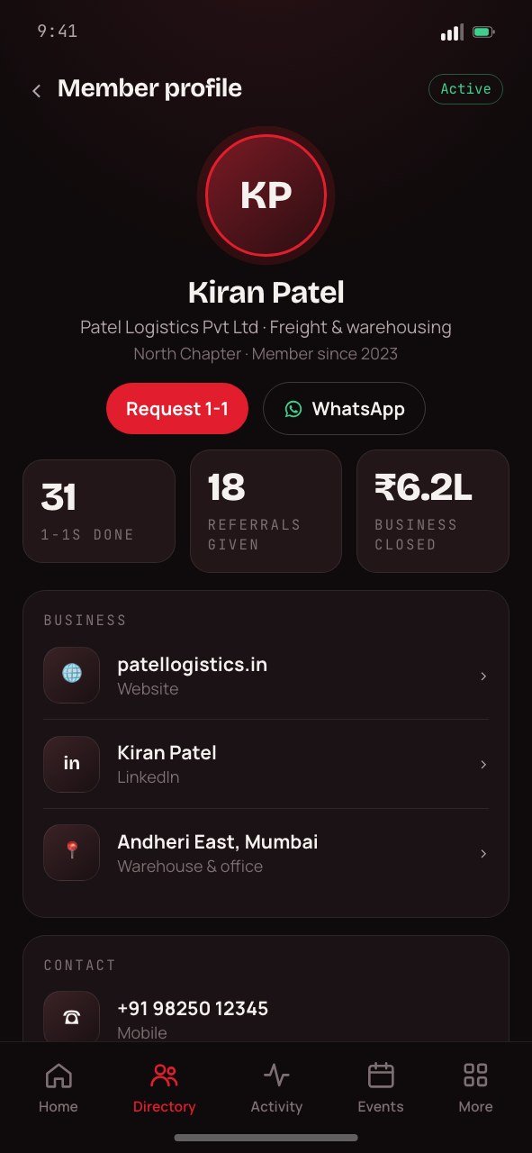 Member profile with Request 1-1 and WhatsApp buttons, business links and contact details
